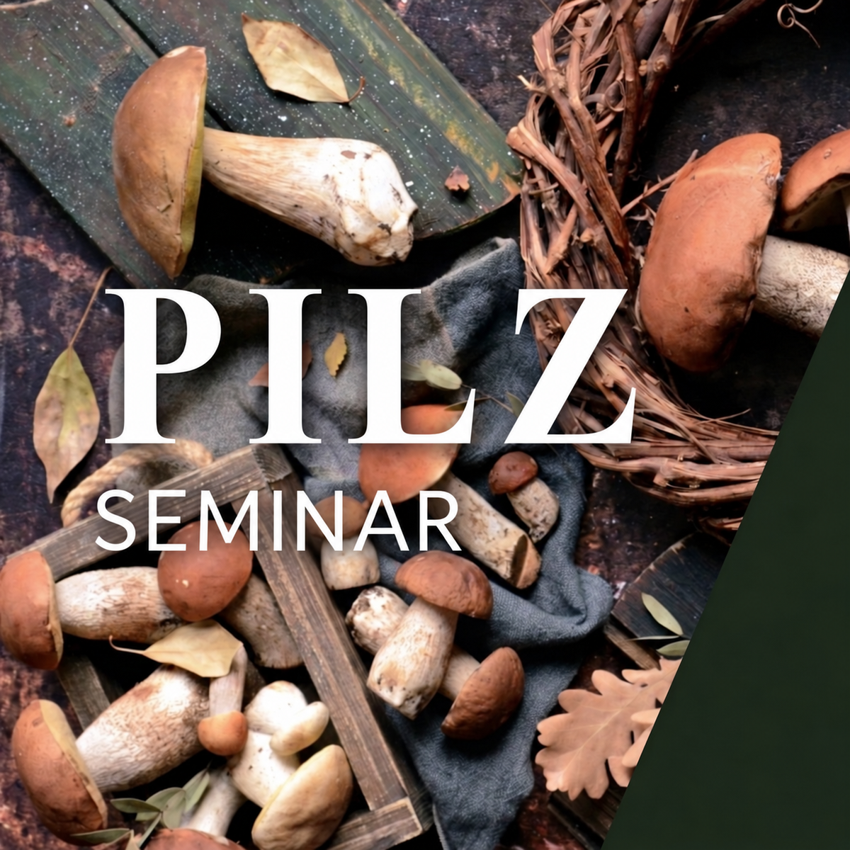 Pilzseminar: frische Steinpilze auf Holz neben einem Sammelkorb